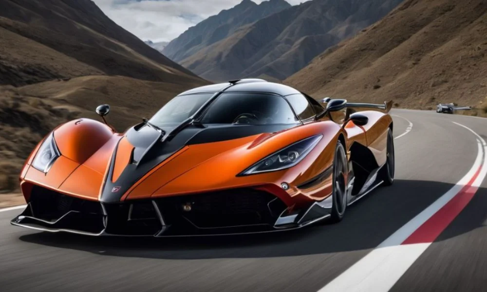 A sleek orange sports car speeds along a curvy mountain road, emphasizing its aerodynamic design-fastest supercars 2025