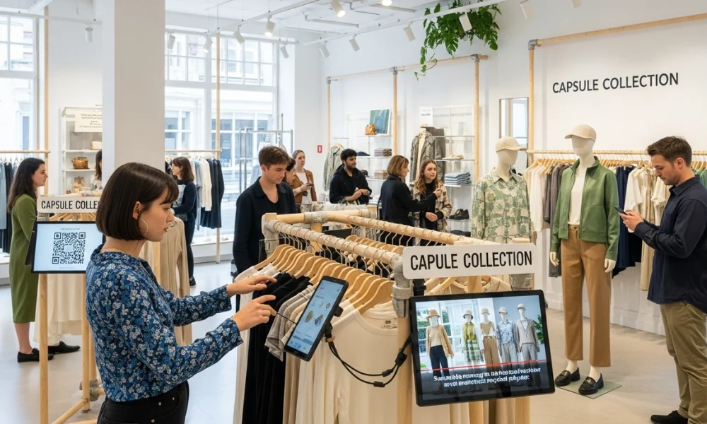 Shoppers browsing sustainable capsule collection clothing store