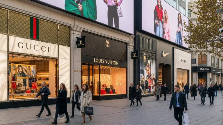 Shoppers walking past Gucci, Louis Vuitton, Nike, and Zara stores showcasing top fashion clothing brands