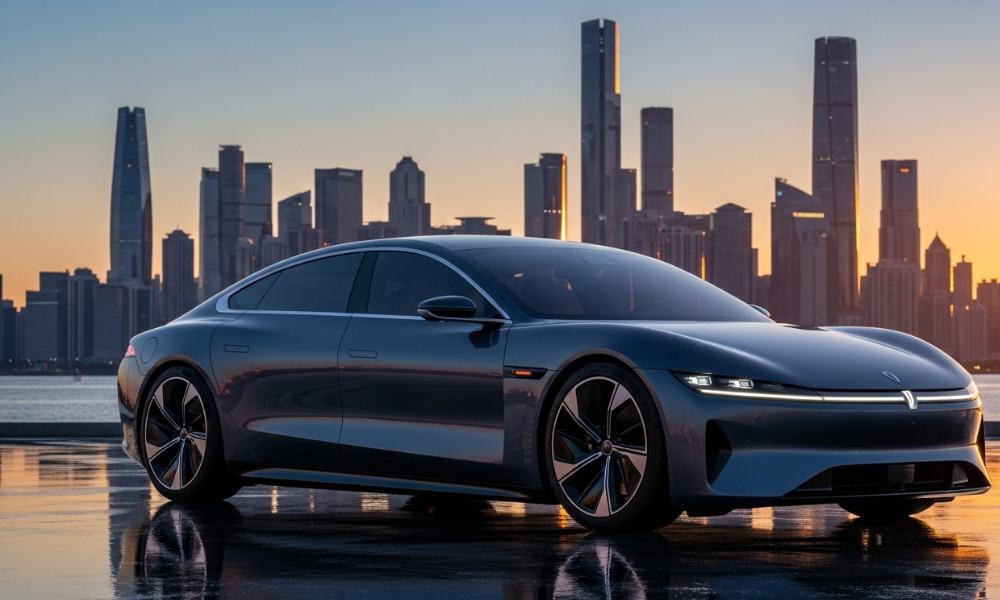 Sleek electric luxury car with aerodynamic silhouette and dramatic LED lights