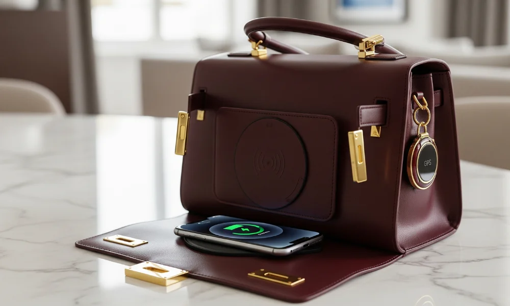 Smart luxury handbag with built-in wireless charging and GPS tracker charging a smartphone on a marble table