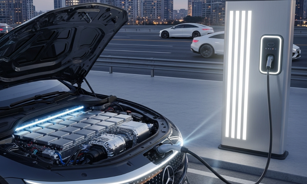 Solid-state battery packs and ultra-fast EV charging station showcasing 2025 tech
