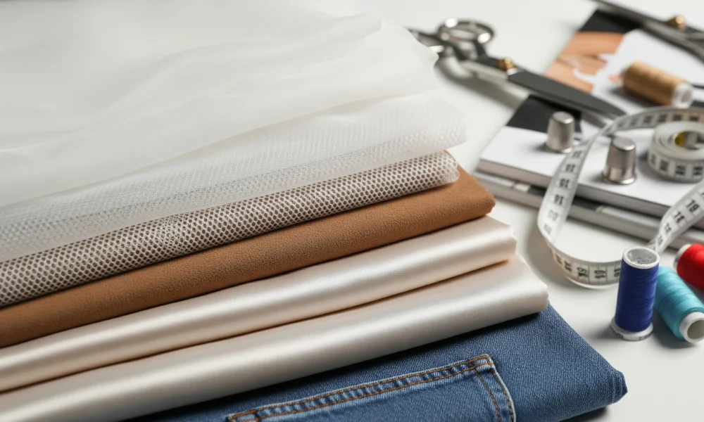 Stack of assorted fabrics with sewing tools, measuring tape, and colorful threads in a fashion studio