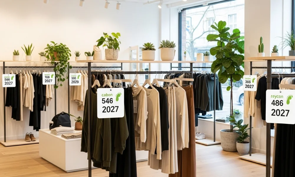 Store racks with clothes labeled by carbon footprin