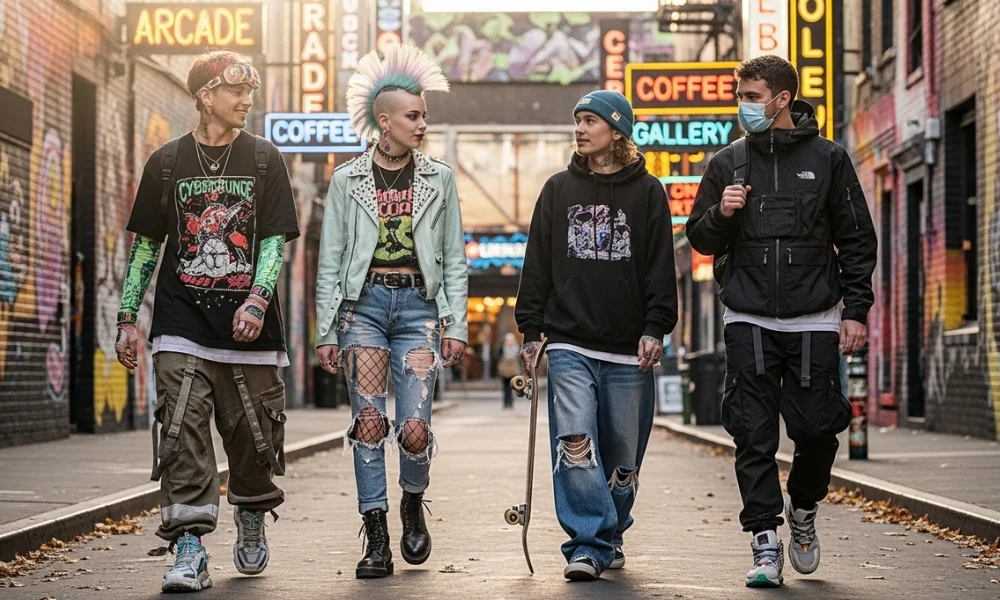 Street group in punk and goth fashion