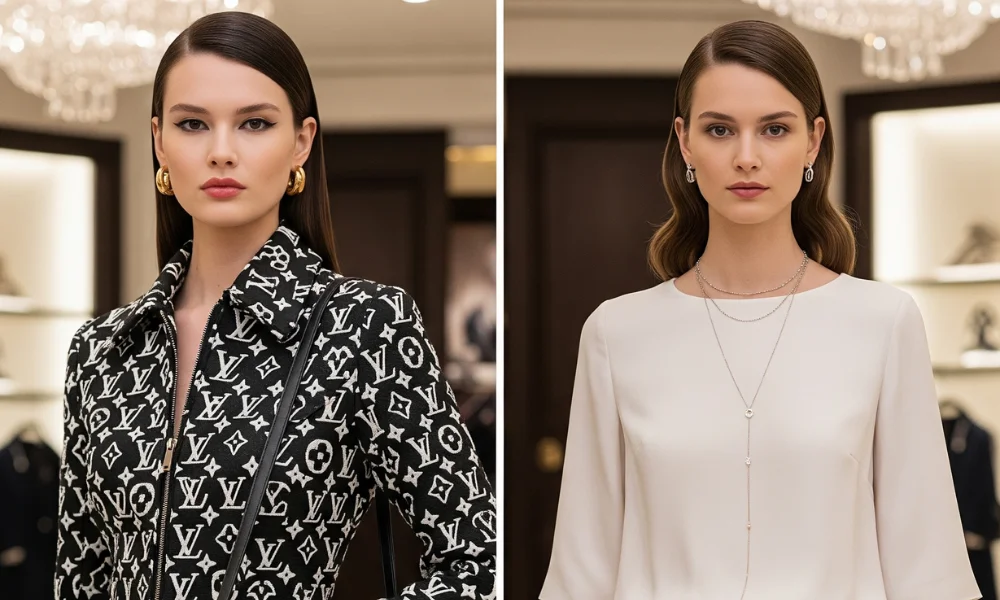 Split image of two women indoors. Left: Woman in a black and white patterned jacket with bold earrings.