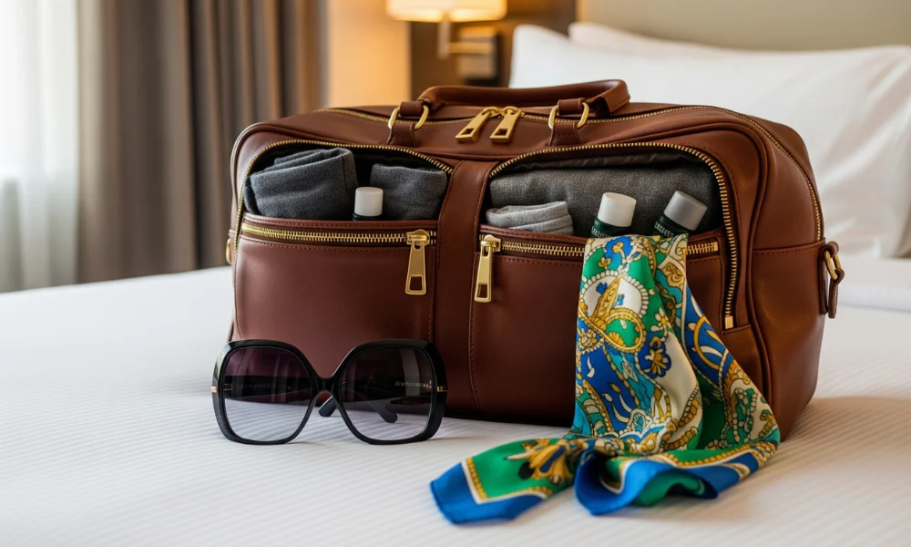 Stylish brown leather travel bag with sunglasses and silk scarf on a hotel bed