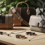 Tech luxury accessories including smart jewelry and designer leather handbags displayed on a wooden table