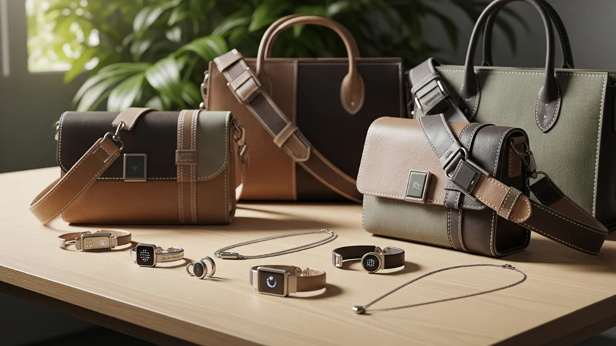 Tech luxury accessories including smart jewelry and designer leather handbags displayed on a wooden table