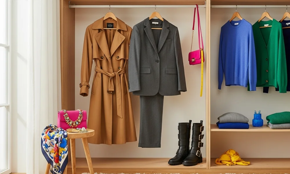 Stylish organized wardrobe with a camel trench coat, grey suit, colorful sweaters, boots, handbags, and accessories neatly arranged
