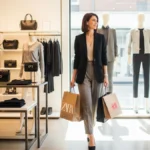 Stylish woman shopping affordable designer brands in a chic boutique