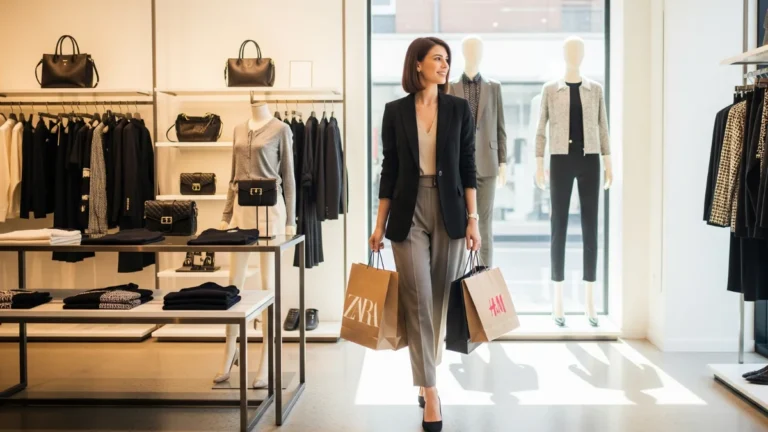 Stylish woman shopping affordable designer brands in a chic boutique