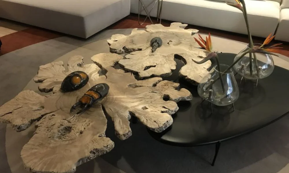 Natural wood coffee table with a unique, organic shape sits in a modern living room