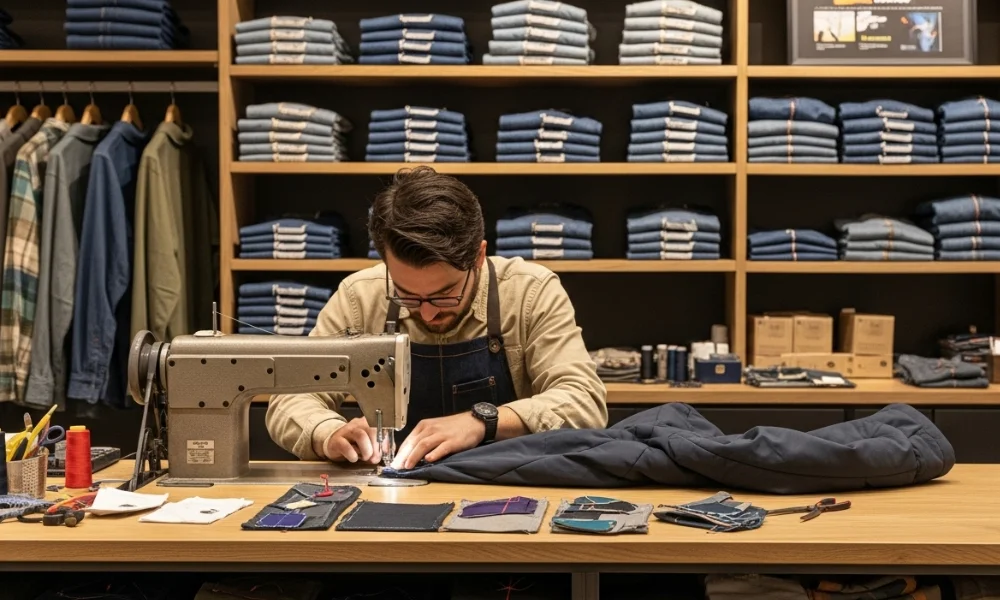 Tailor sewing clothes at a Patagonia Worn Wear station