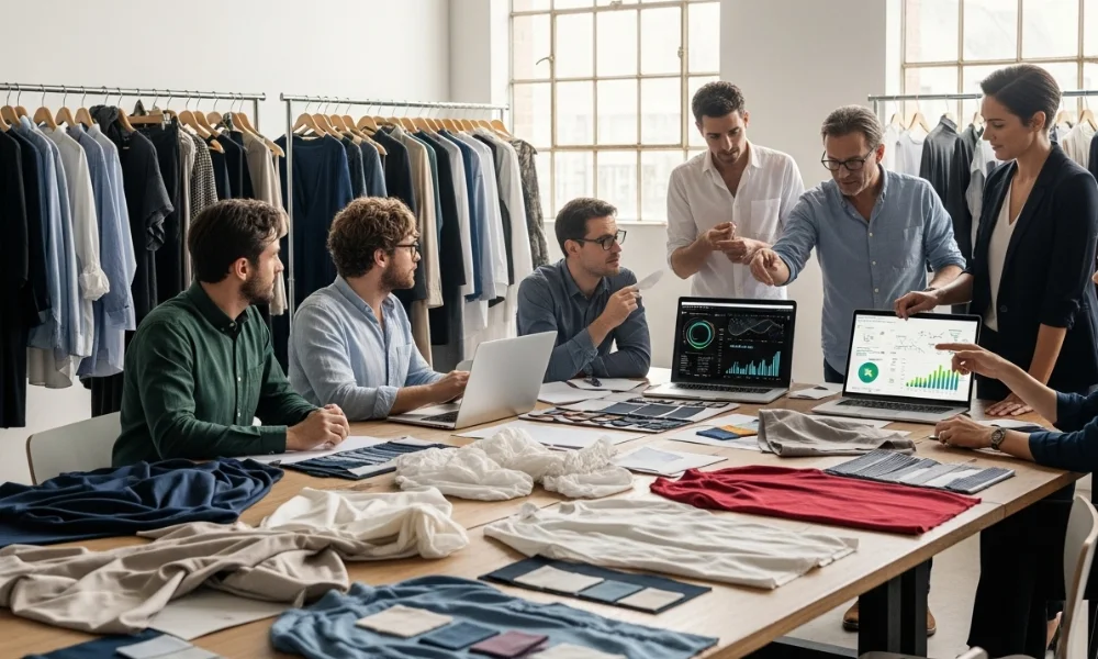 Team reviewing fashion data with clothing samples on table