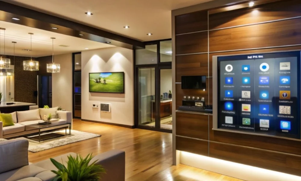 A modern living room features a large smart home control panel on a wooden wall-Pravi Celer luxury trends