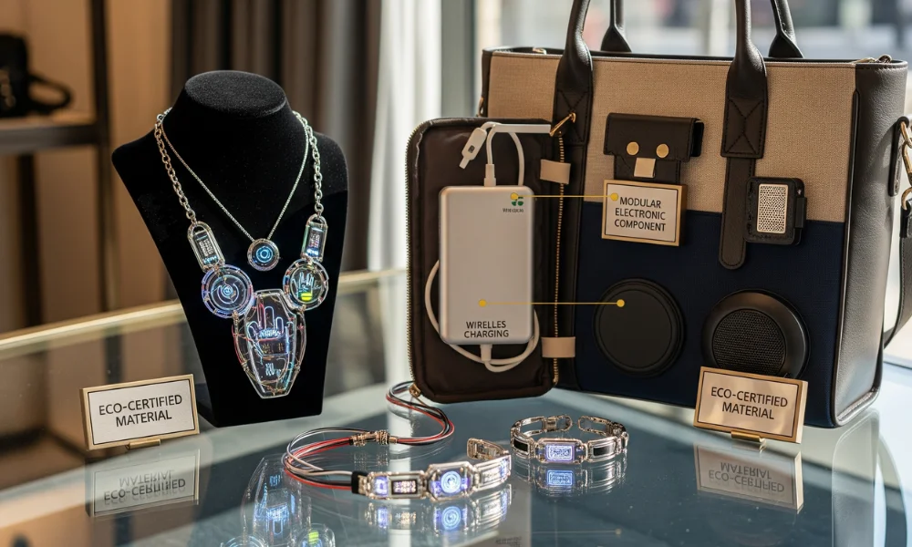 Tech luxury accessories including an eco-certified smart handbag with modular components and futuristic jewelry with wireless charging