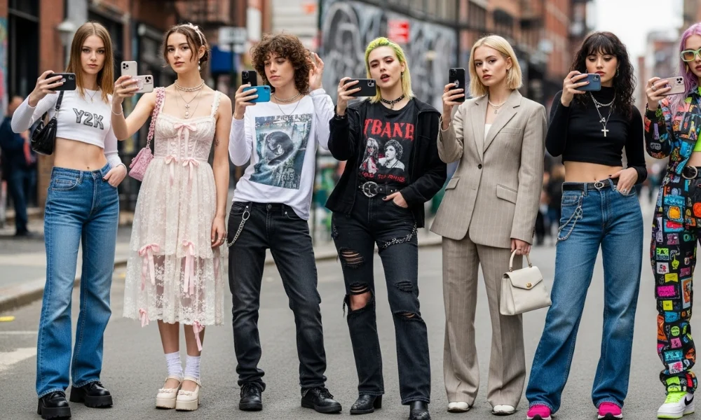 Trendy group of young people posing in street style fashion.