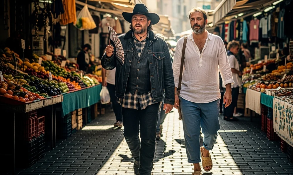 Two men walking in a vibrant outdoor market lined with colorful fruits and clothes.