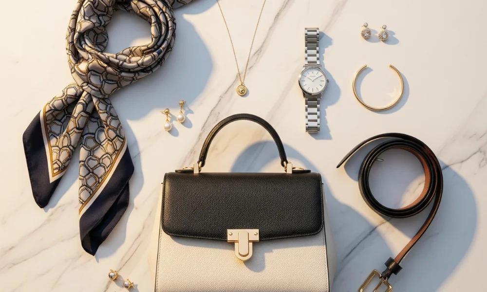 A stylish flat lay on a marble surface, featuring a silk scarf, black and white handbag, watch, necklace, earrings-how to style luxury accessories
