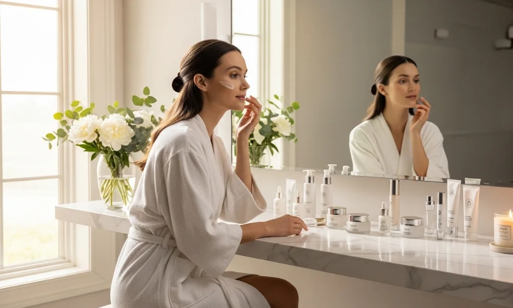 Woman applies skincare cream at vanity