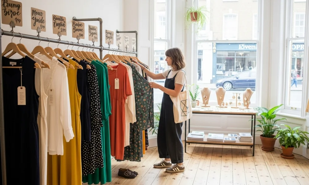 Woman browsing colorful dresses in boutique clothing store