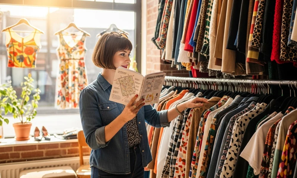 Woman browsing vintage clothes while reading a guide