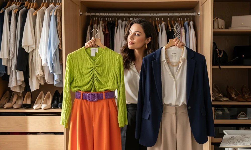 Woman choosing between a bright mismatched outfit and a classic blazer look