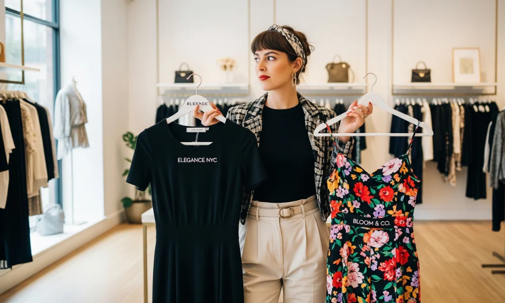 Woman comparing two stylish dresses from different brands inside a modern fashion boutique