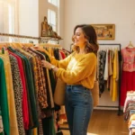 Woman enjoying vintage shopping in a boutique