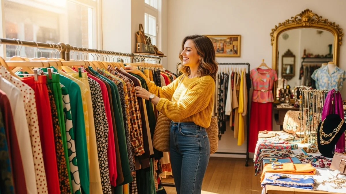 Woman enjoying vintage shopping in a boutique
