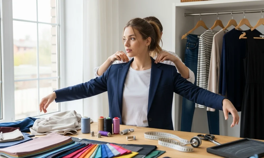 Woman getting a blazer fitted, with fabrics and sewing tools on table, showing fashion styling mistakes