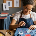 Woman hand-stitching denim in a fashion repair studio