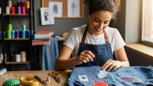 Woman hand-stitching denim in a fashion repair studio