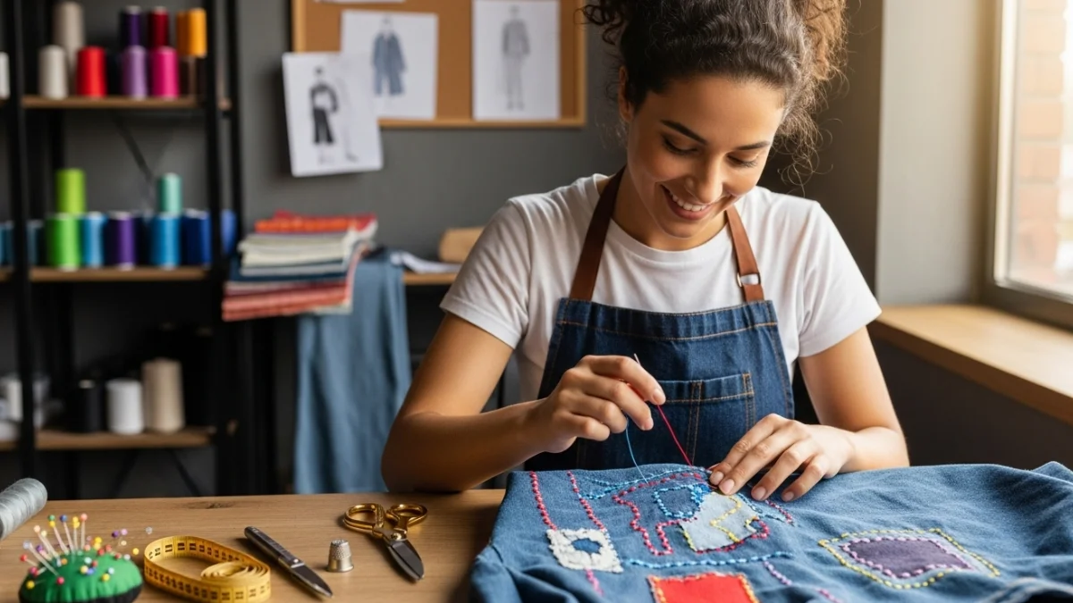 Woman hand-stitching denim in a fashion repair studio