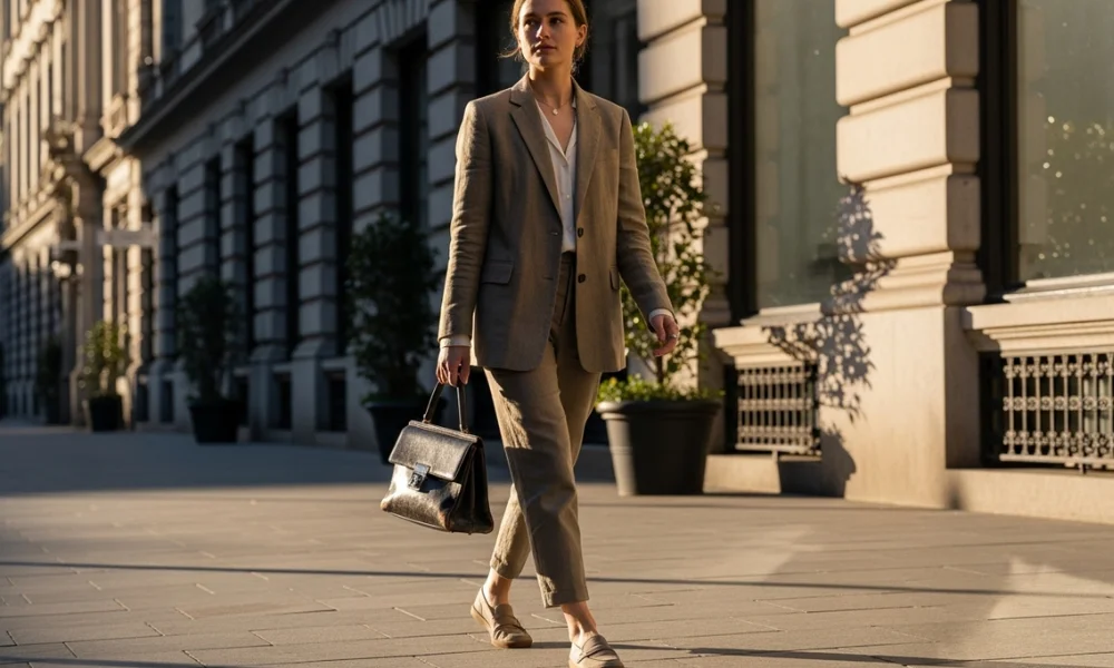 Woman in a beige suit walking on a city street