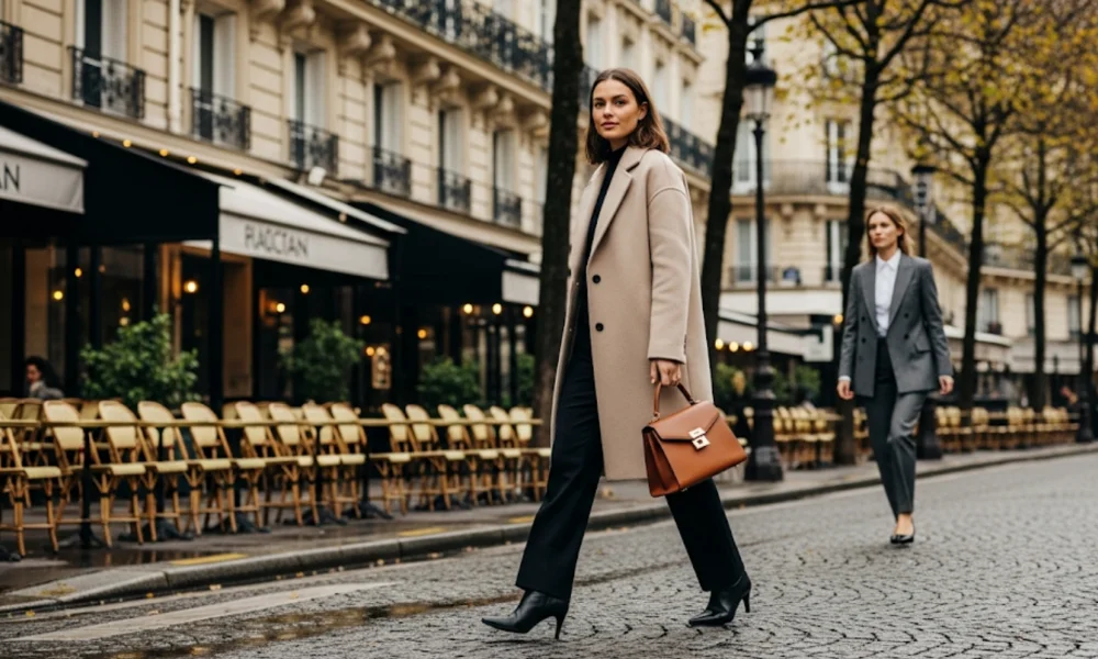 Woman in beige coat with handbag