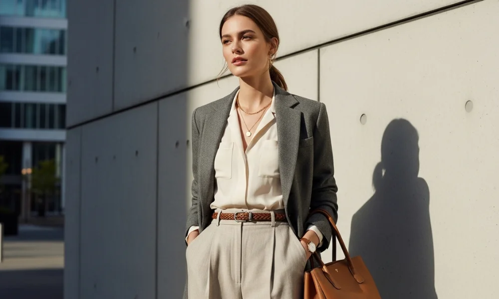Woman in chic suit with leather tote