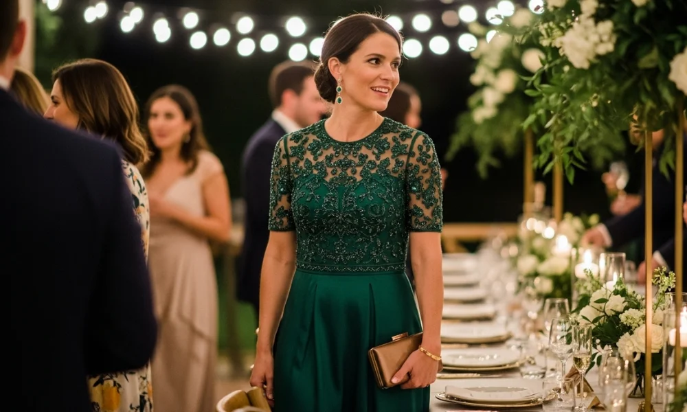 Woman in green dress at a formal dinner table