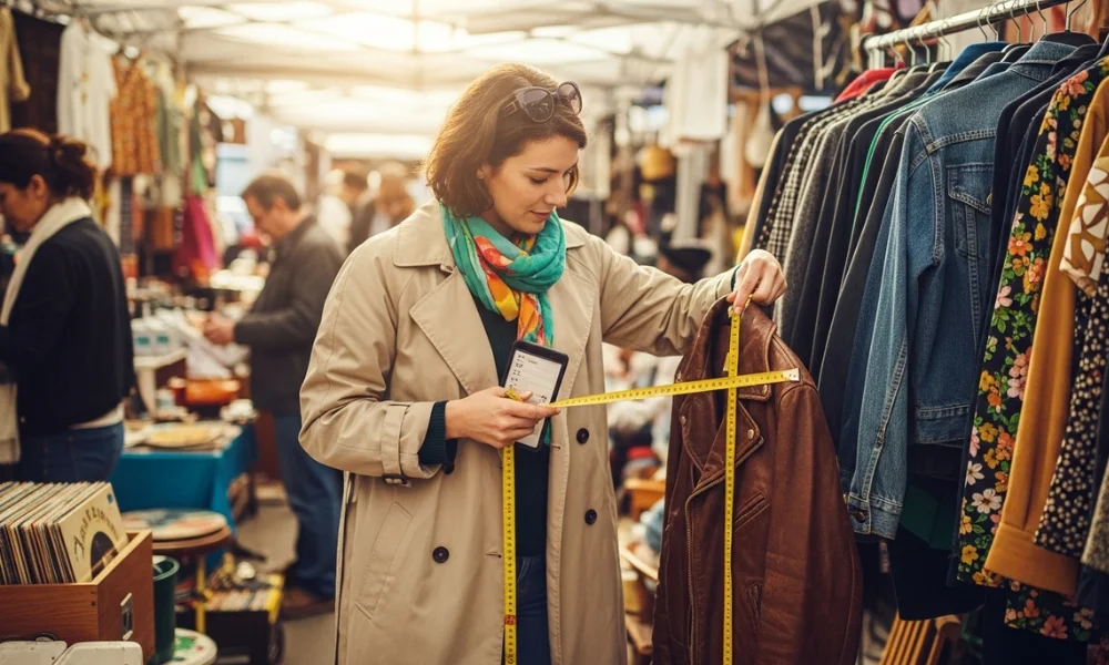 Woman measuring a leather jacket at a vintage market