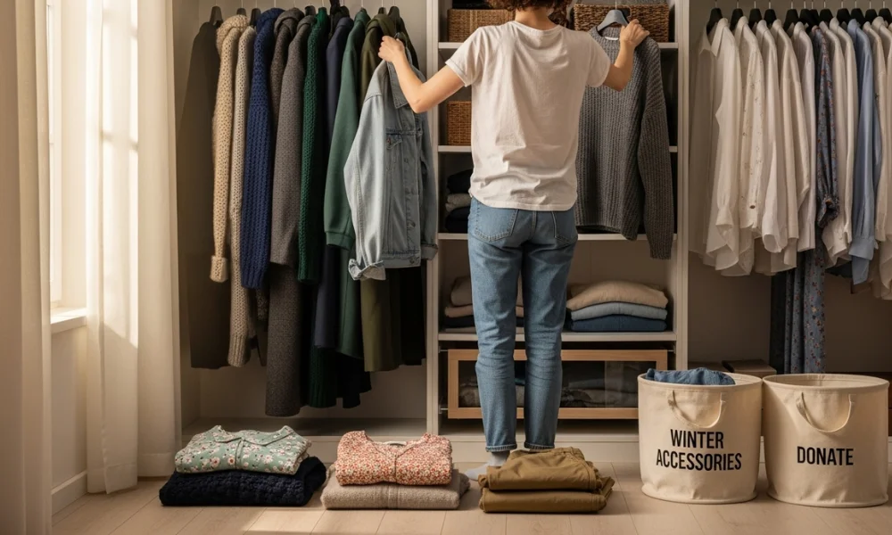 Woman organizing seasonal clothes in a closet with labeled bins