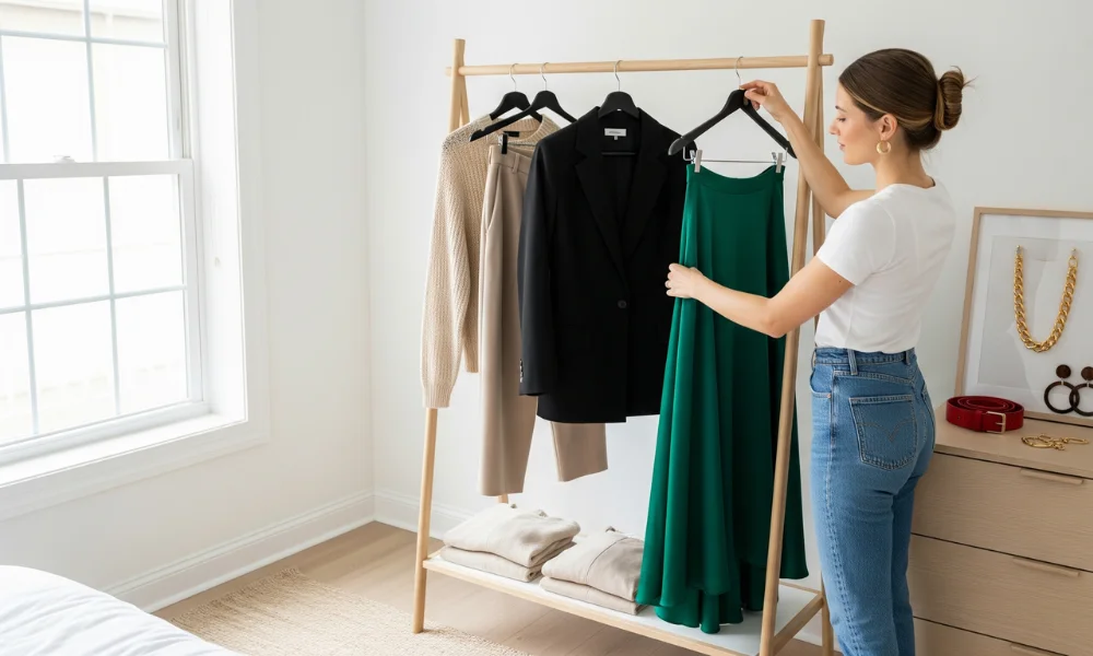 Woman selecting outfits from a minimalist clothing rack with stylish accessories displayed nearby