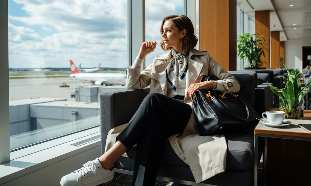 Woman styling luxury brands outfit while traveling