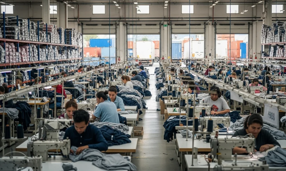 Workers sewing clothes in a large garment factory
