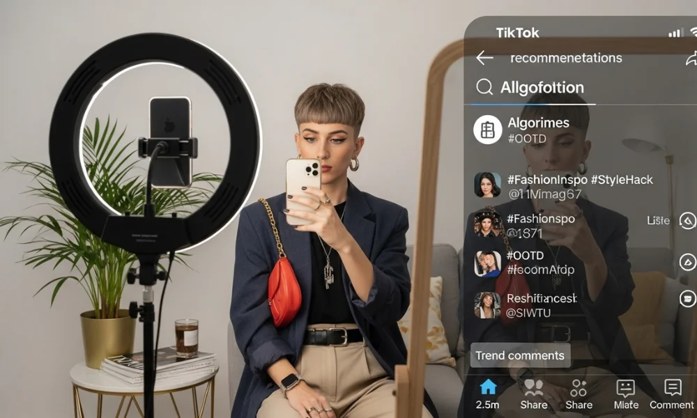 Young creator filming outfit video with smartphone and ring light