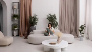 A cozy minimalist living room with neutral tones