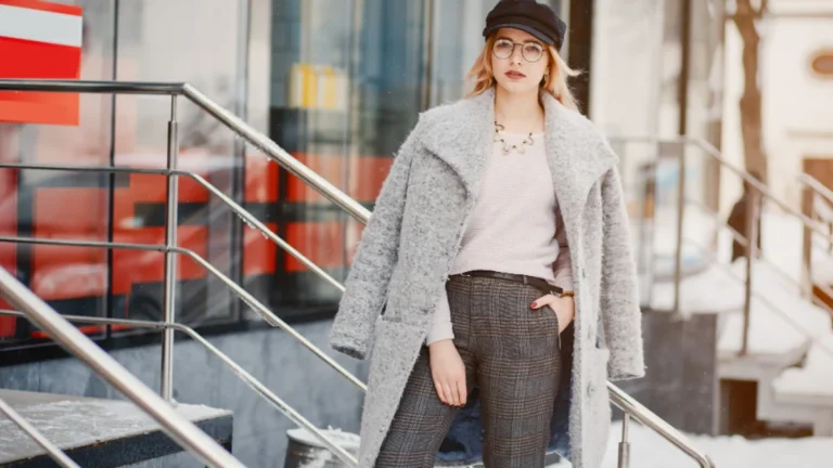Woman in fashionable winter attire stands confidently on snowy steps