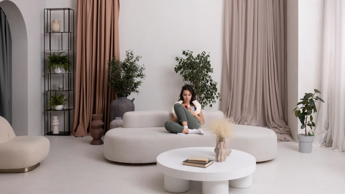 A cozy minimalist living room with neutral tones