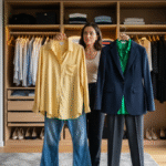 woman holding yellow shirt with jeans and navy blazer with green blouse.