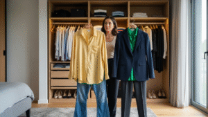 woman holding yellow shirt with jeans and navy blazer with green blouse.